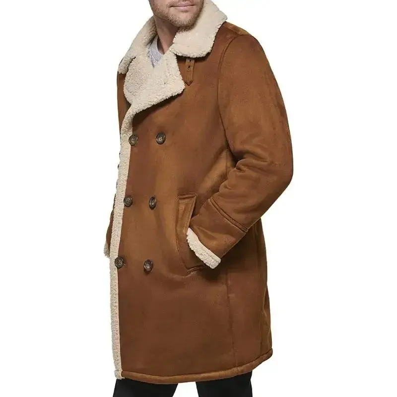 Men's Tan Brown Suede Shearling Leather Coat