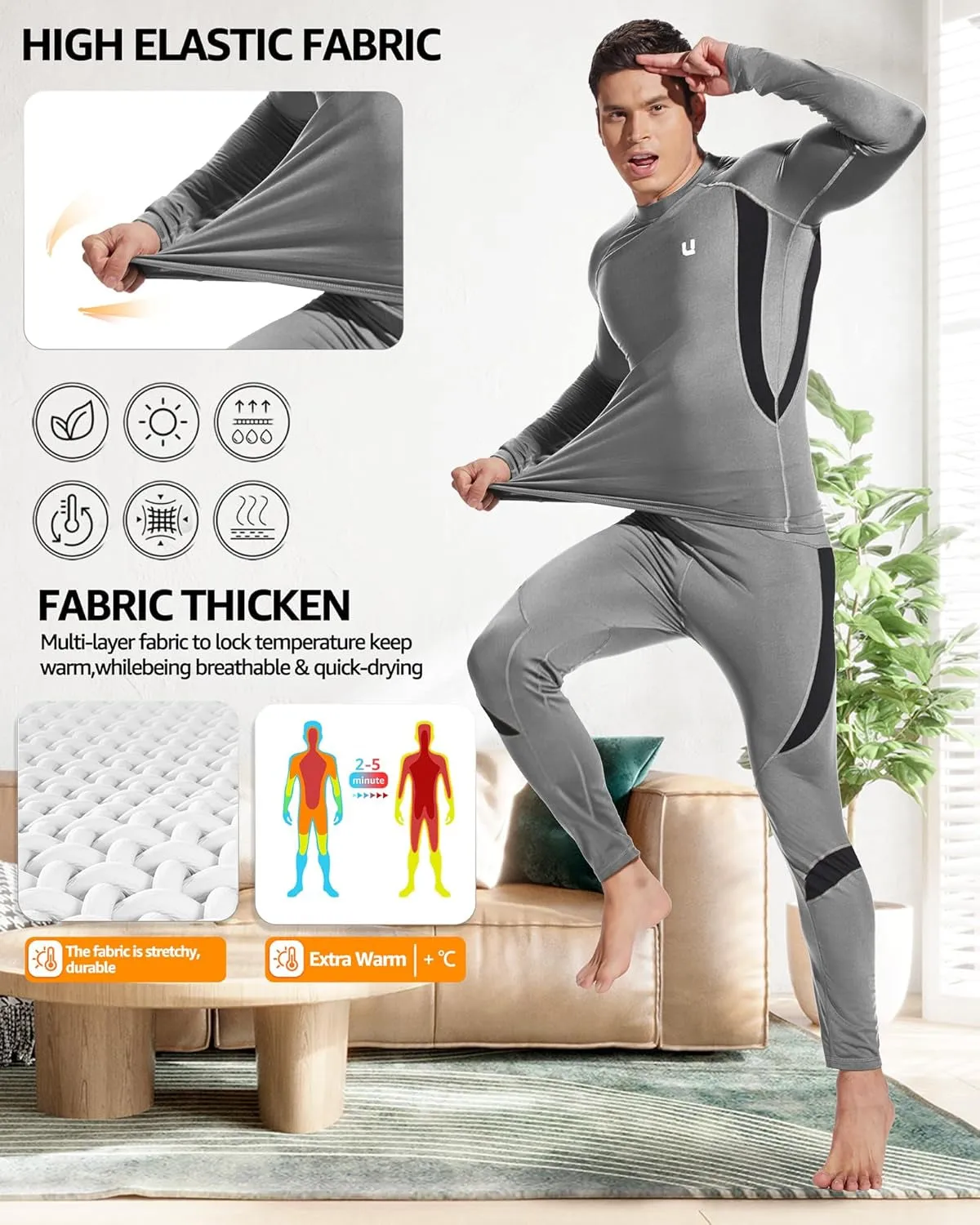 Men'S Thermal Underwear Sets Top & Long Johns Fleece Sweat Quick Drying Thermo Base Layer