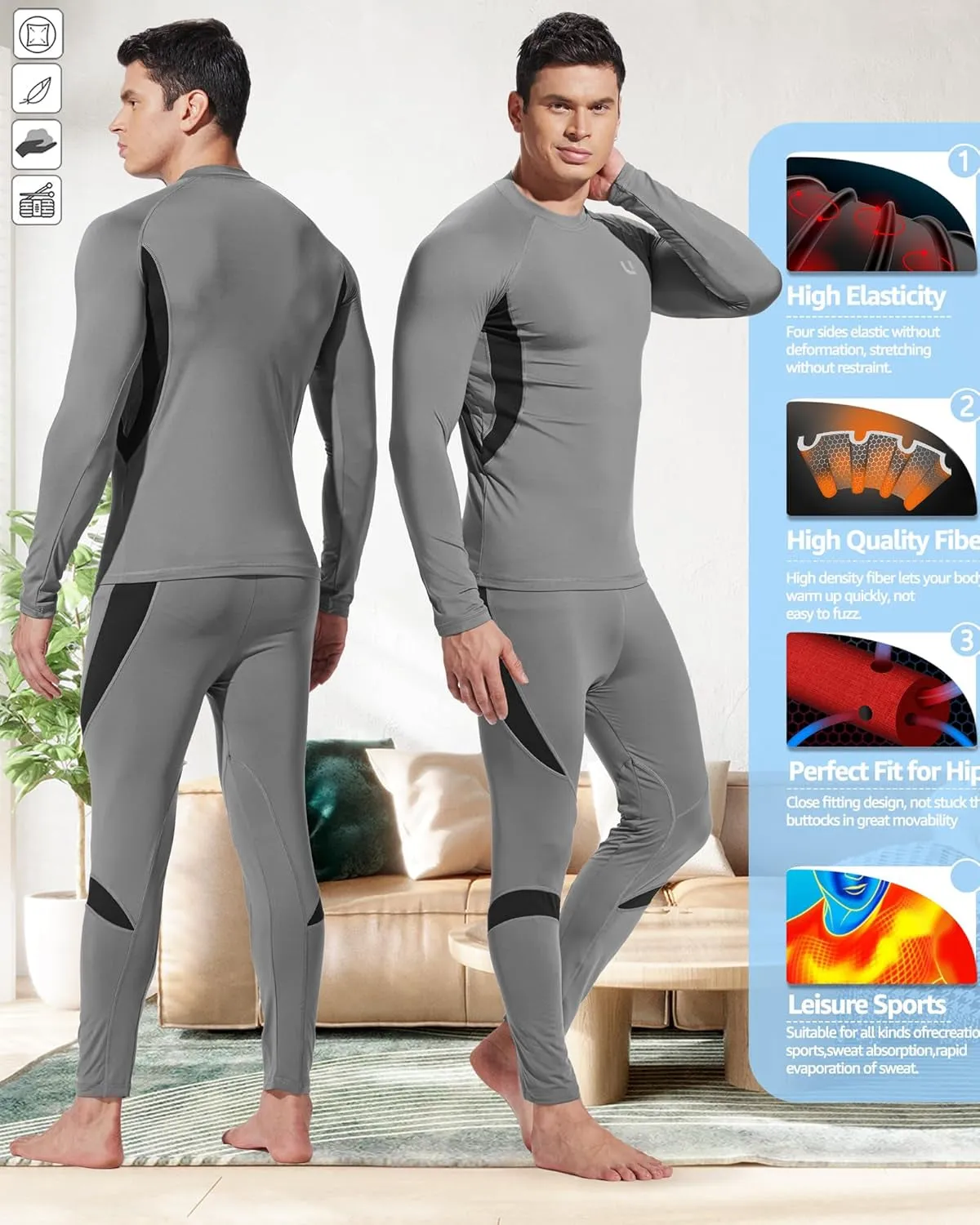 Men'S Thermal Underwear Sets Top & Long Johns Fleece Sweat Quick Drying Thermo Base Layer