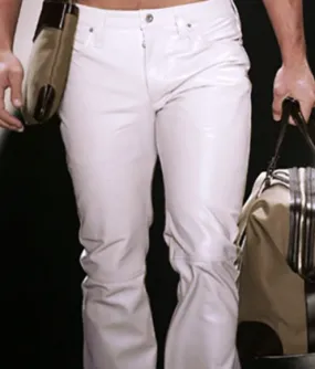 Men's White Genuine Leather Jeans pants