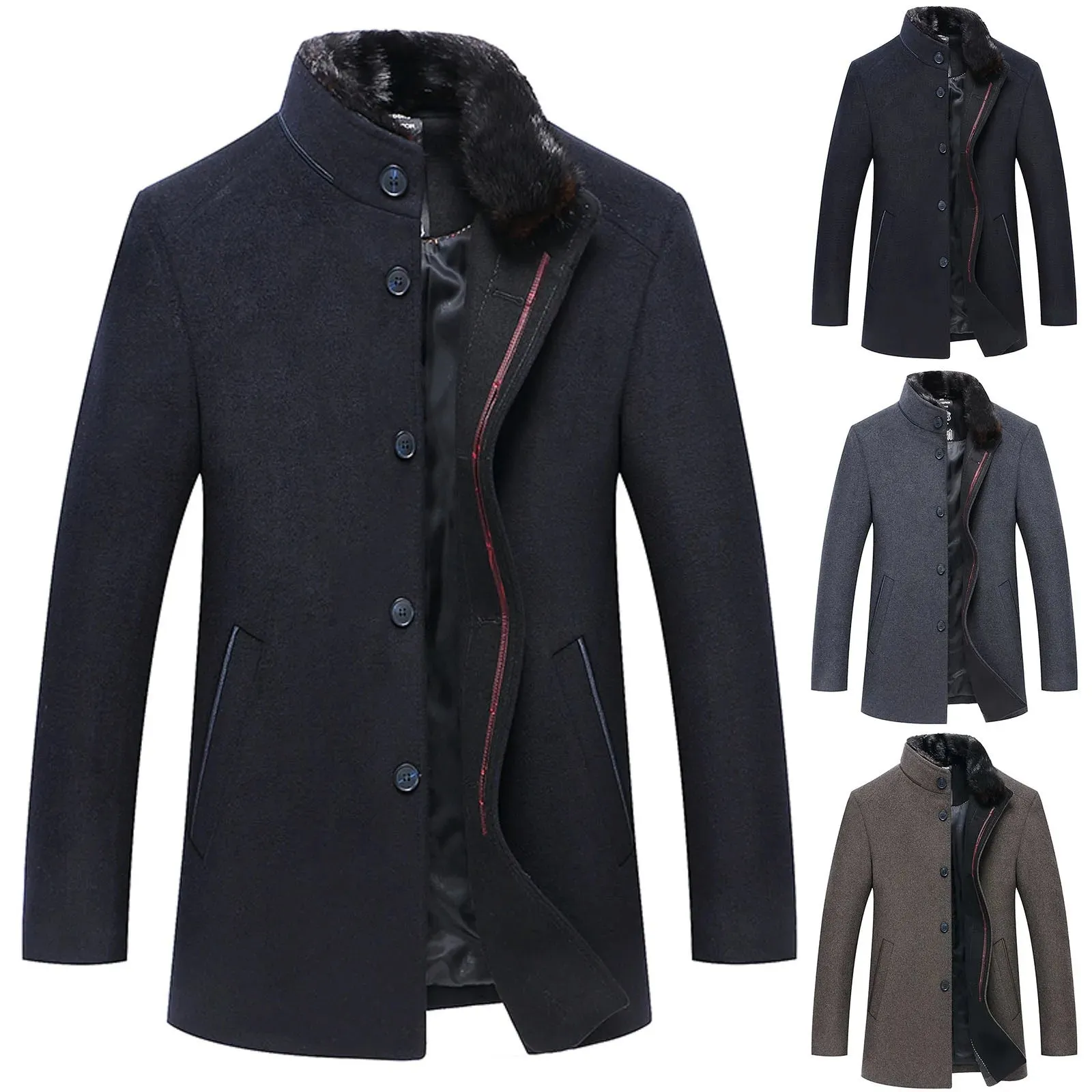 Men's Winter Woolen Coat with Fur Collar | Business Casual, Thickened for Cold Weather