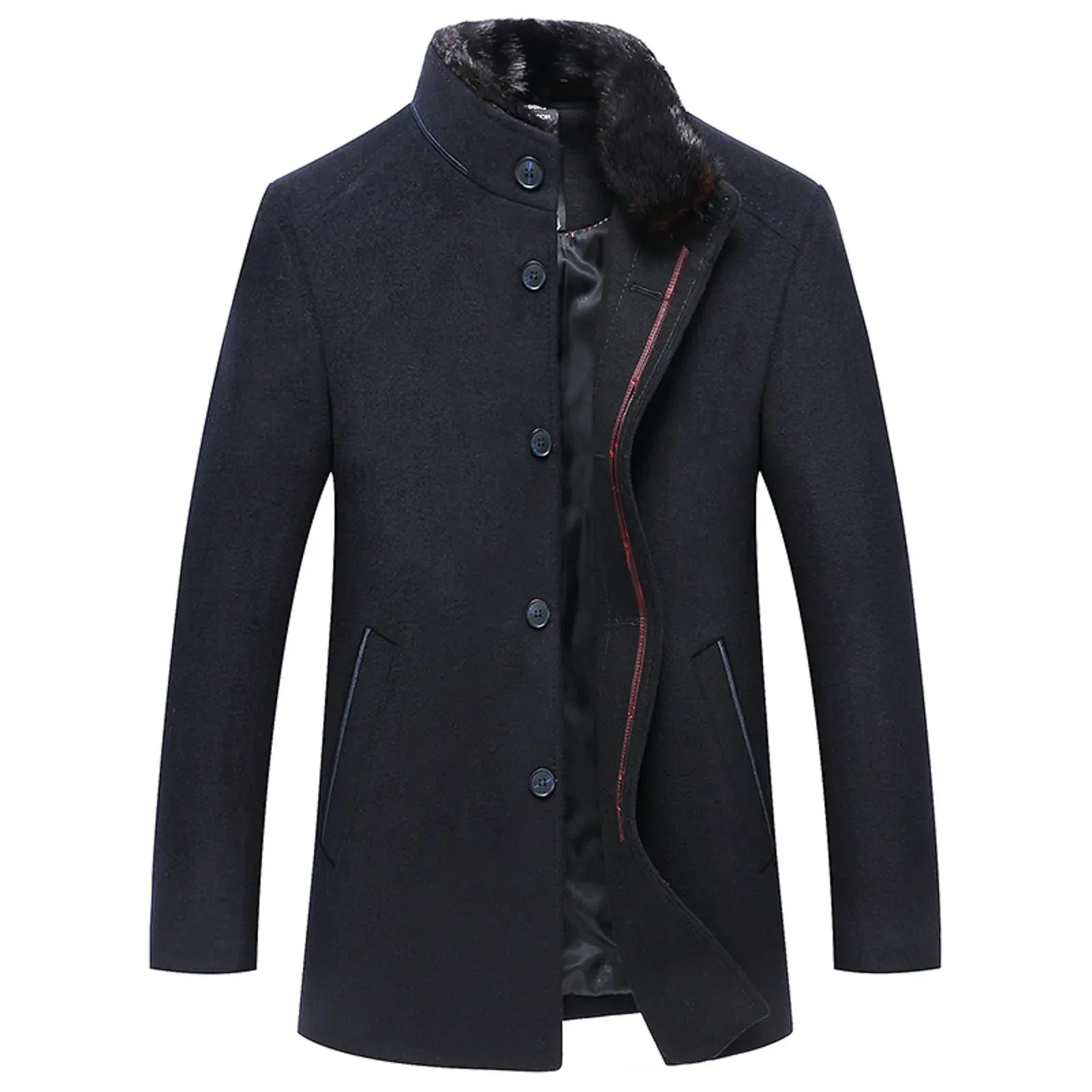 Men's Winter Woolen Coat with Fur Collar | Business Casual, Thickened for Cold Weather