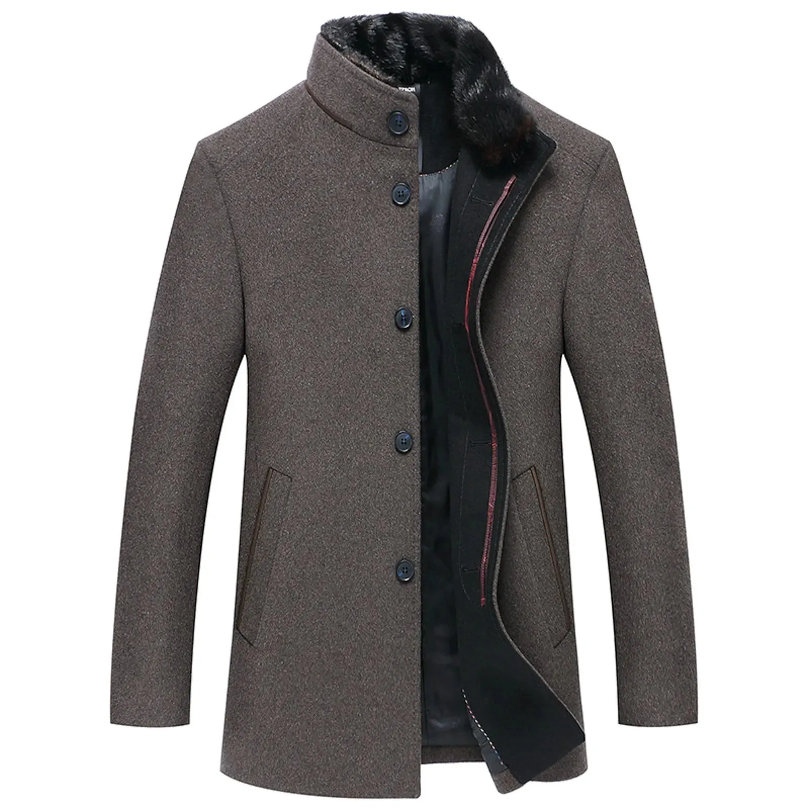 Men's Winter Woolen Coat with Fur Collar | Business Casual, Thickened for Cold Weather