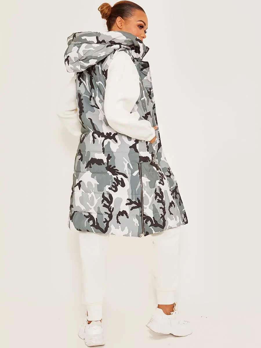 Michele Camouflage Longline Padded Hooded Gilet In Grey
