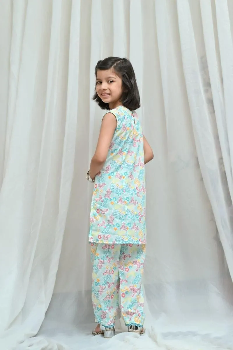 Mom4Little Aqua blue Printed Co-ords Set-2 piece