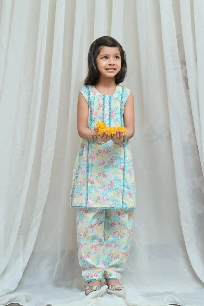 Mom4Little Aqua blue Printed Co-ords Set-2 piece
