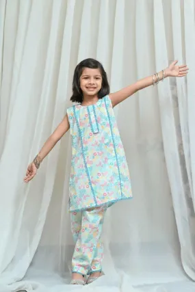 Mom4Little Aqua blue Printed Co-ords Set-2 piece