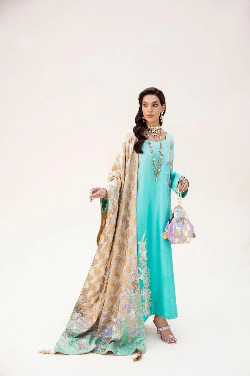 Nilofer Shahid - Aqua Korean Silk Shirt & Pants with Pure Khimkhaab Shawl - 3 Piece