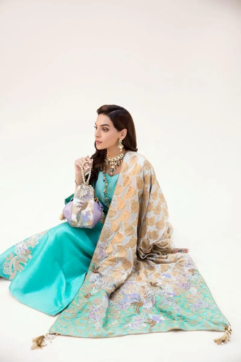 Nilofer Shahid - Aqua Korean Silk Shirt & Pants with Pure Khimkhaab Shawl - 3 Piece