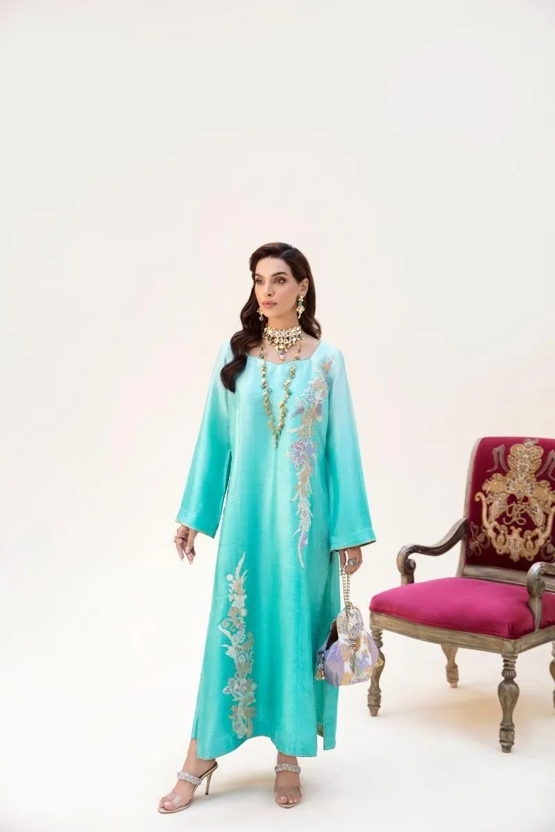 Nilofer Shahid - Aqua Korean Silk Shirt & Pants with Pure Khimkhaab Shawl - 3 Piece