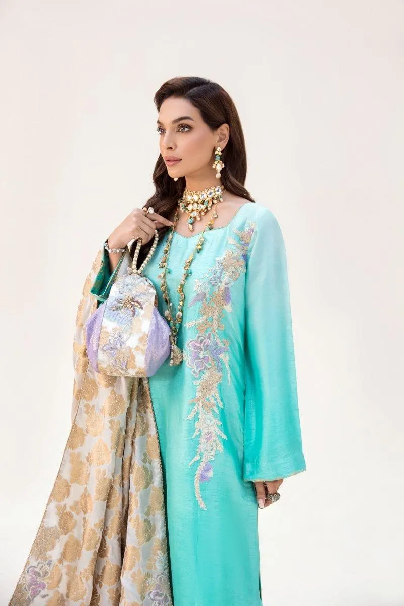 Nilofer Shahid - Aqua Korean Silk Shirt & Pants with Pure Khimkhaab Shawl - 3 Piece