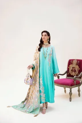 Nilofer Shahid - Aqua Korean Silk Shirt & Pants with Pure Khimkhaab Shawl - 3 Piece