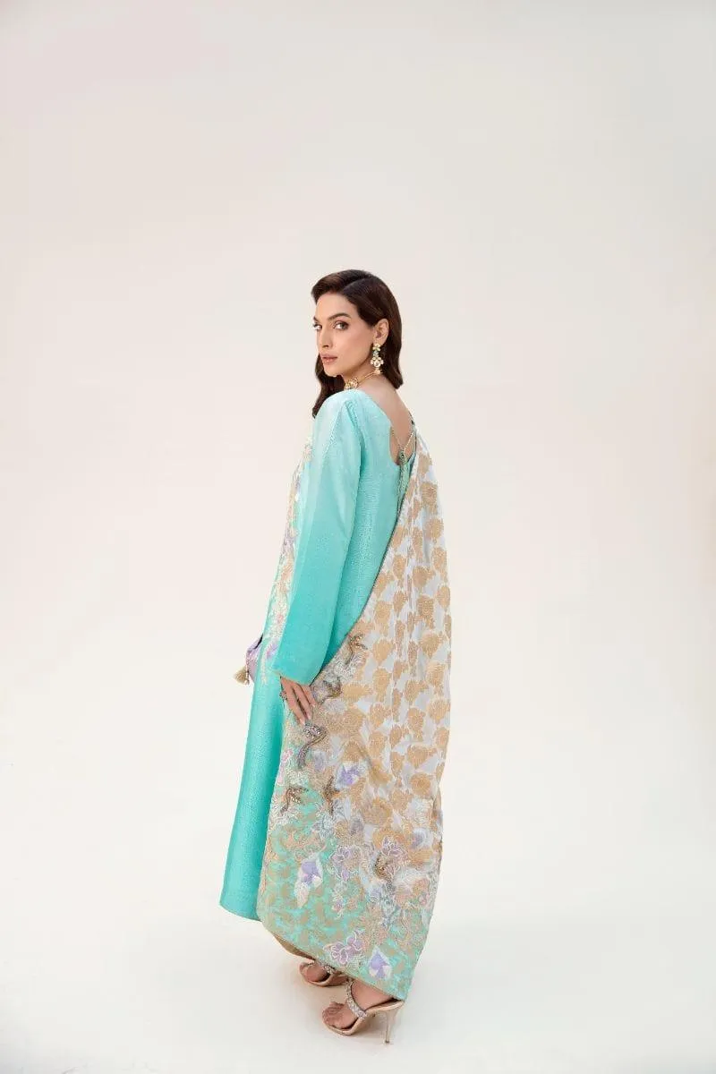 Nilofer Shahid - Aqua Korean Silk Shirt & Pants with Pure Khimkhaab Shawl - 3 Piece
