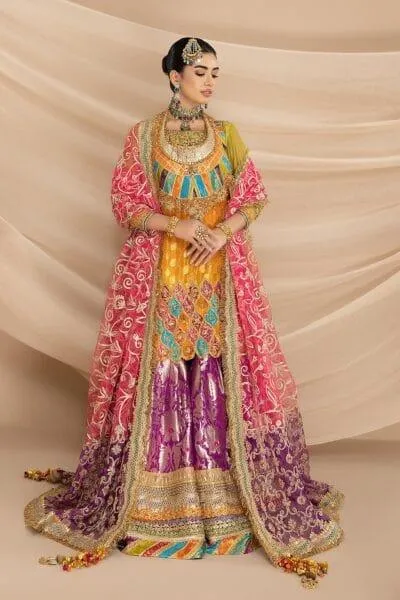 Nilofer Shahid - Chiffon Embellished Shirt & Khimkhaab Gharara Pants with Net Dupatta - 3 Piece