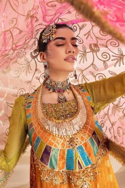 Nilofer Shahid - Chiffon Embellished Shirt & Khimkhaab Gharara Pants with Net Dupatta - 3 Piece