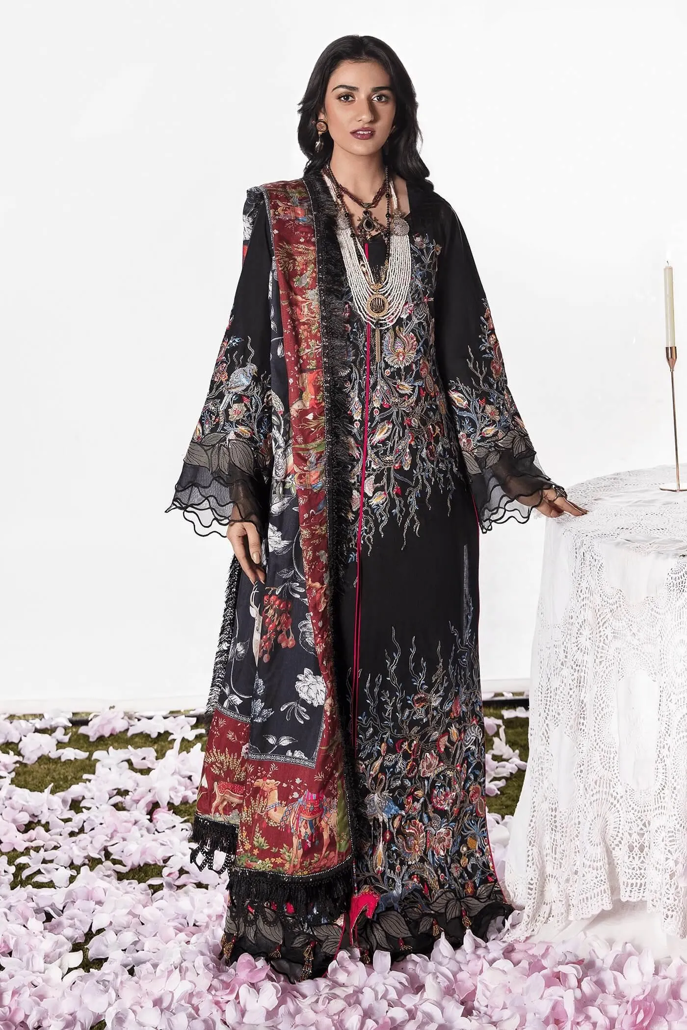Nilofer Shahid - Enchanted - Black Embroidered Shirt and Pants with Silk Dupatta - Unstitched