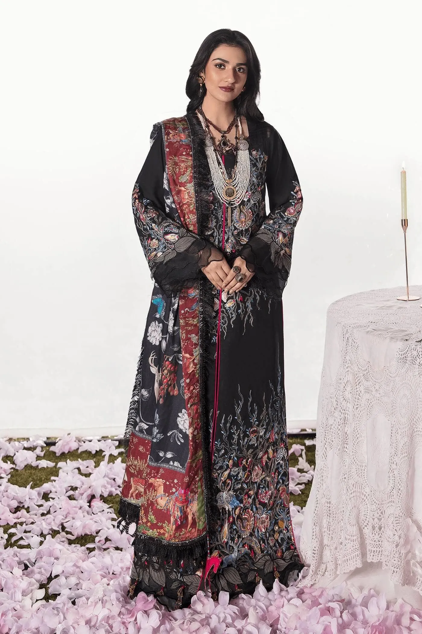 Nilofer Shahid - Enchanted - Black Embroidered Shirt and Pants with Silk Dupatta - Unstitched