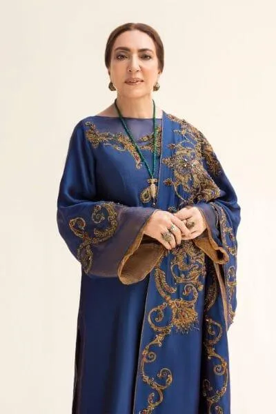 Nilofer Shahid - Royal Blue Tissue Silk Shirt & Khimkhaab Pants with Tissue Silk Shawl - 3 Piece