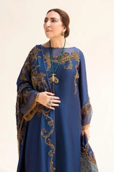 Nilofer Shahid - Royal Blue Tissue Silk Shirt & Khimkhaab Pants with Tissue Silk Shawl - 3 Piece