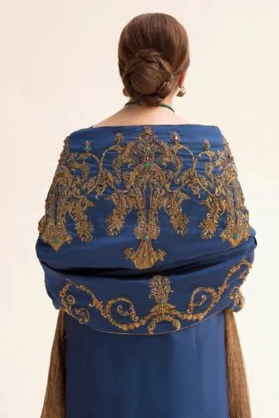 Nilofer Shahid - Royal Blue Tissue Silk Shirt & Khimkhaab Pants with Tissue Silk Shawl - 3 Piece