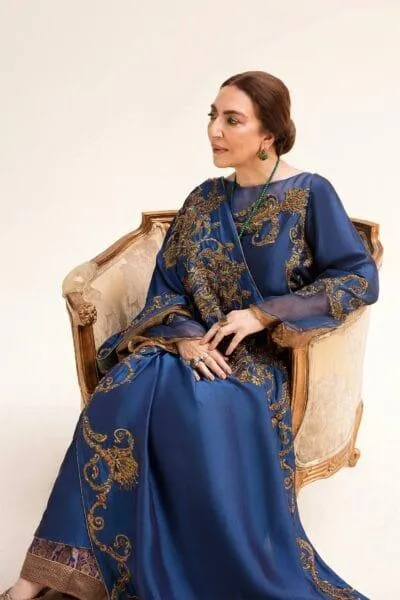 Nilofer Shahid - Royal Blue Tissue Silk Shirt & Khimkhaab Pants with Tissue Silk Shawl - 3 Piece