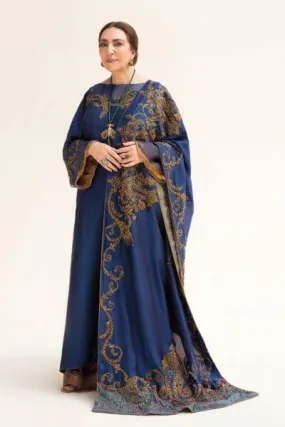 Nilofer Shahid - Royal Blue Tissue Silk Shirt & Khimkhaab Pants with Tissue Silk Shawl - 3 Piece