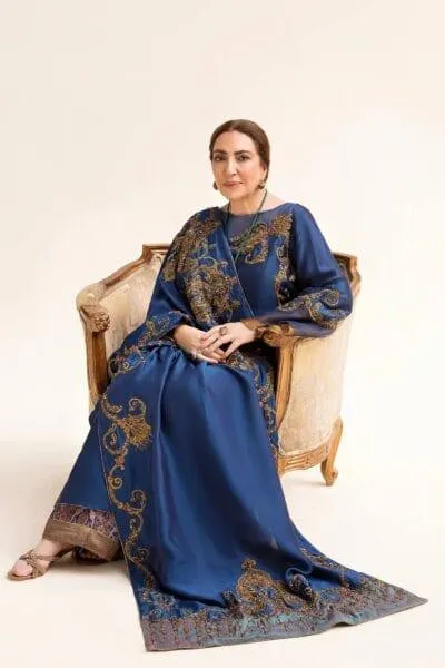 Nilofer Shahid - Royal Blue Tissue Silk Shirt & Khimkhaab Pants with Tissue Silk Shawl - 3 Piece