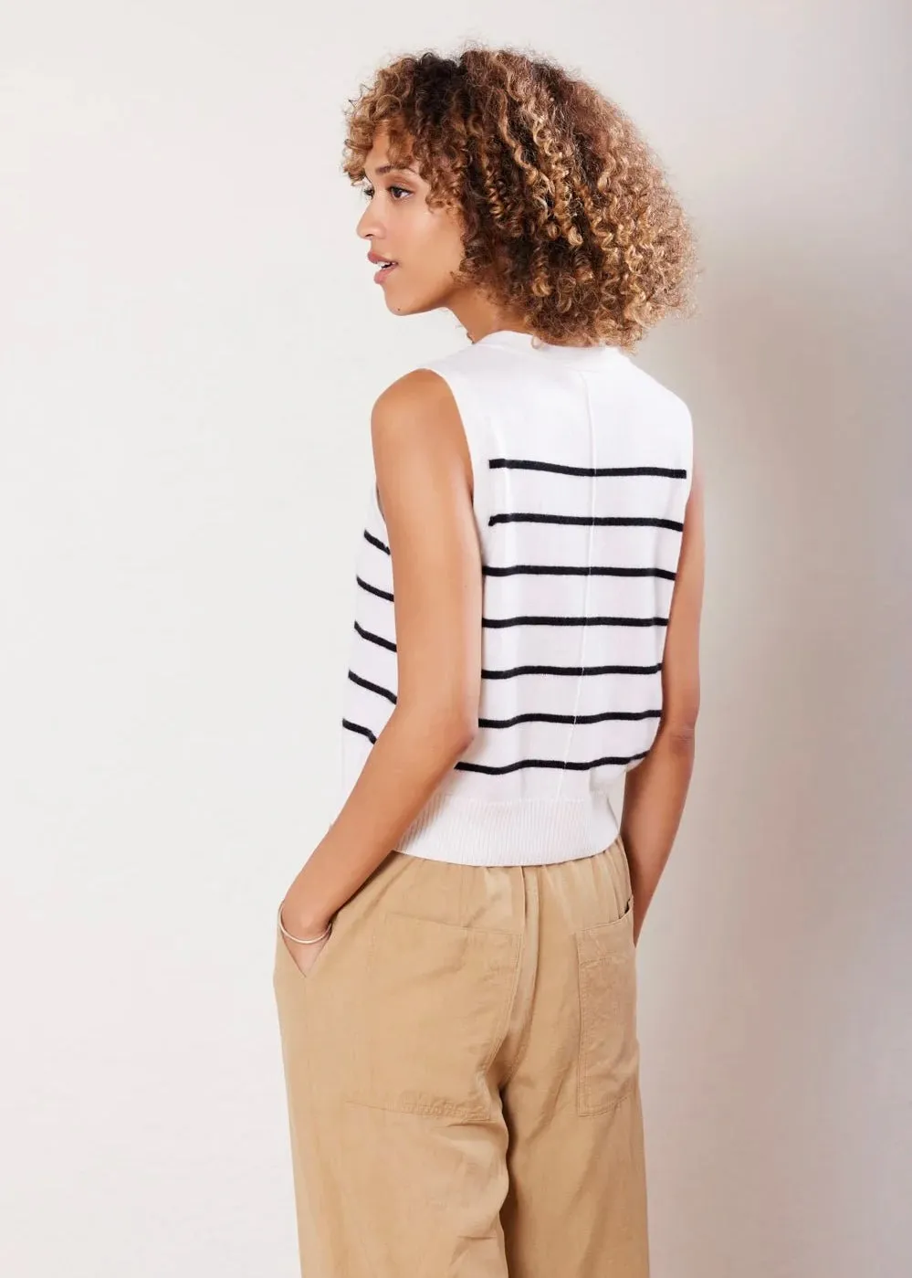 Not Monday Cate Cashmere Button Down Vest Ivory Stripe