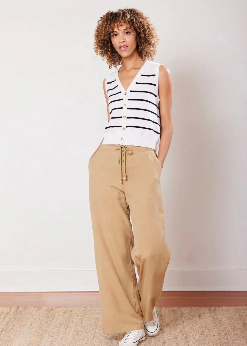Not Monday Cate Cashmere Button Down Vest Ivory Stripe