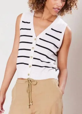 Not Monday Cate Cashmere Button Down Vest Ivory Stripe