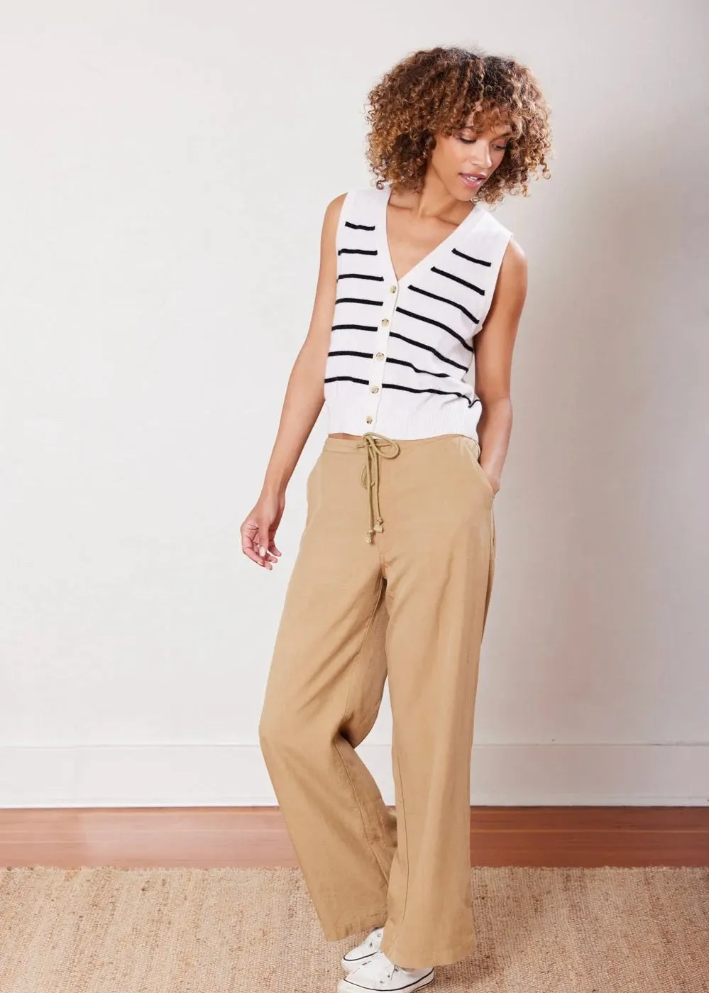 Not Monday Cate Cashmere Button Down Vest Ivory Stripe
