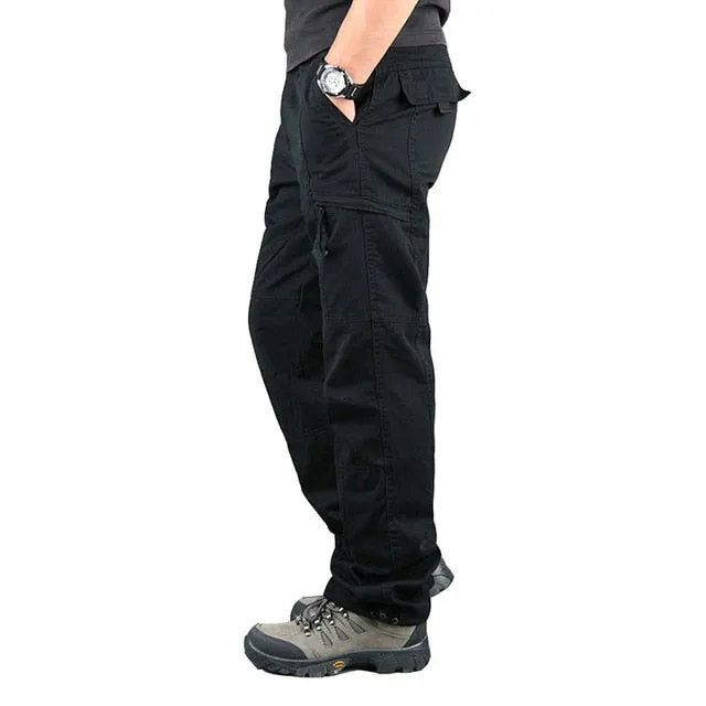 Overalls Men Cargo Pants Outwear Multi Pockets Military Army Tactical Pants Men Elastic Waist Straight Slacks Casual Trousers
