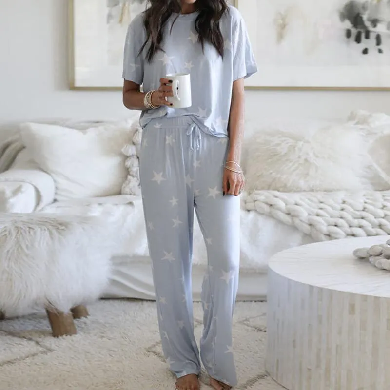 Pajamas Print Bandage Loose Short Sleeve Blouse Pants Sets