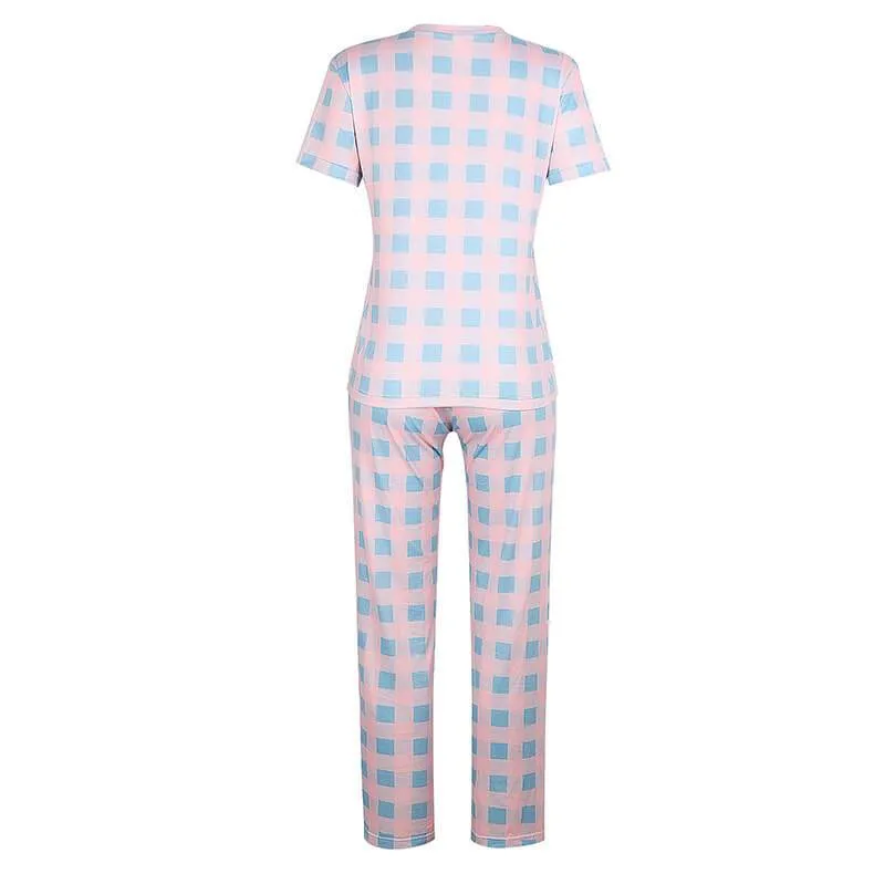 Pajamas Print Bandage Loose Short Sleeve Blouse Pants Sets