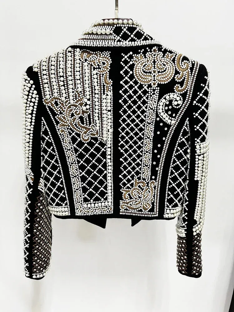 Pearls & Embroidery Cropped Velvet Jacket