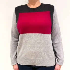 Pink and Grey Colour Block Cashmere Crew Neck Jumper Large