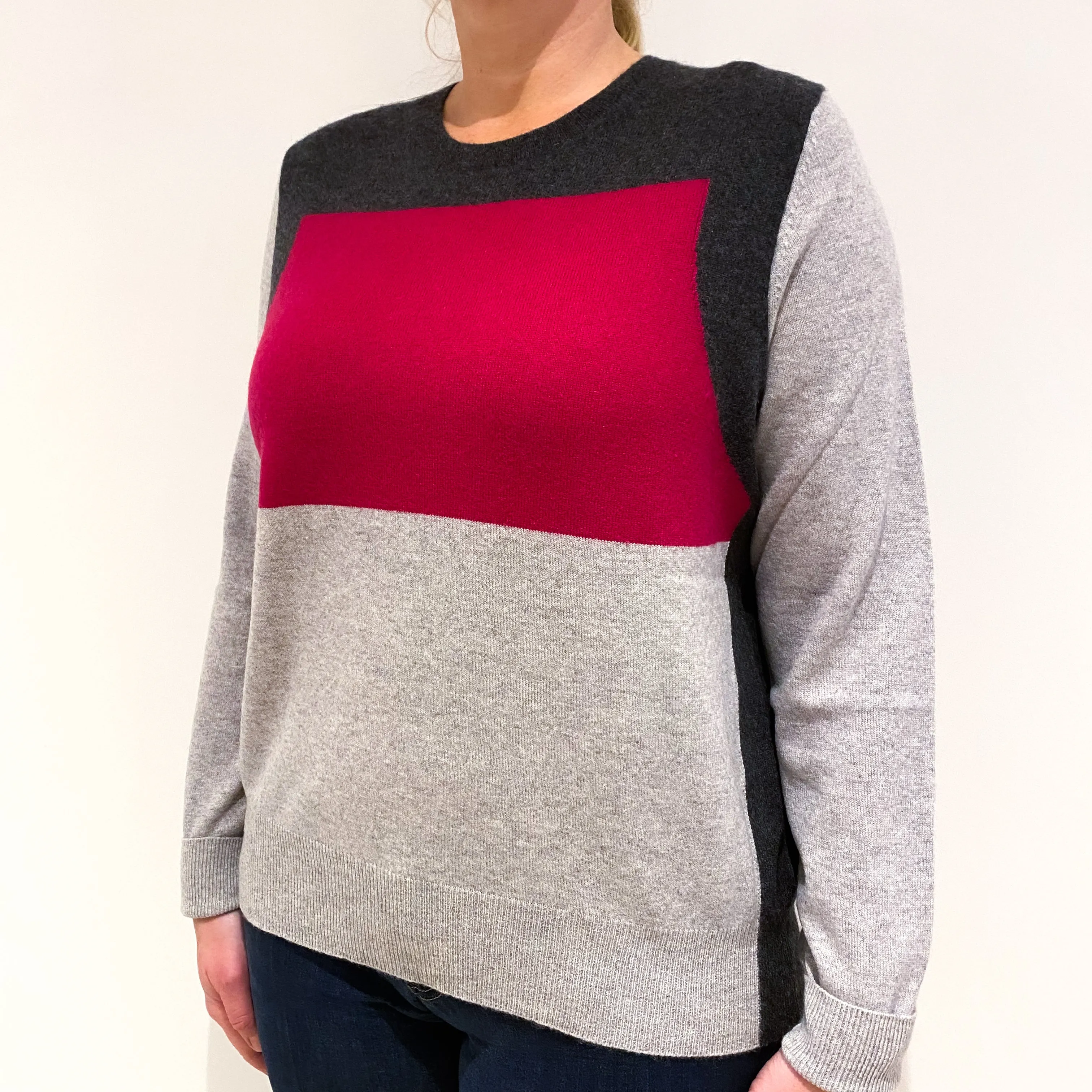 Pink and Grey Colour Block Cashmere Crew Neck Jumper Large