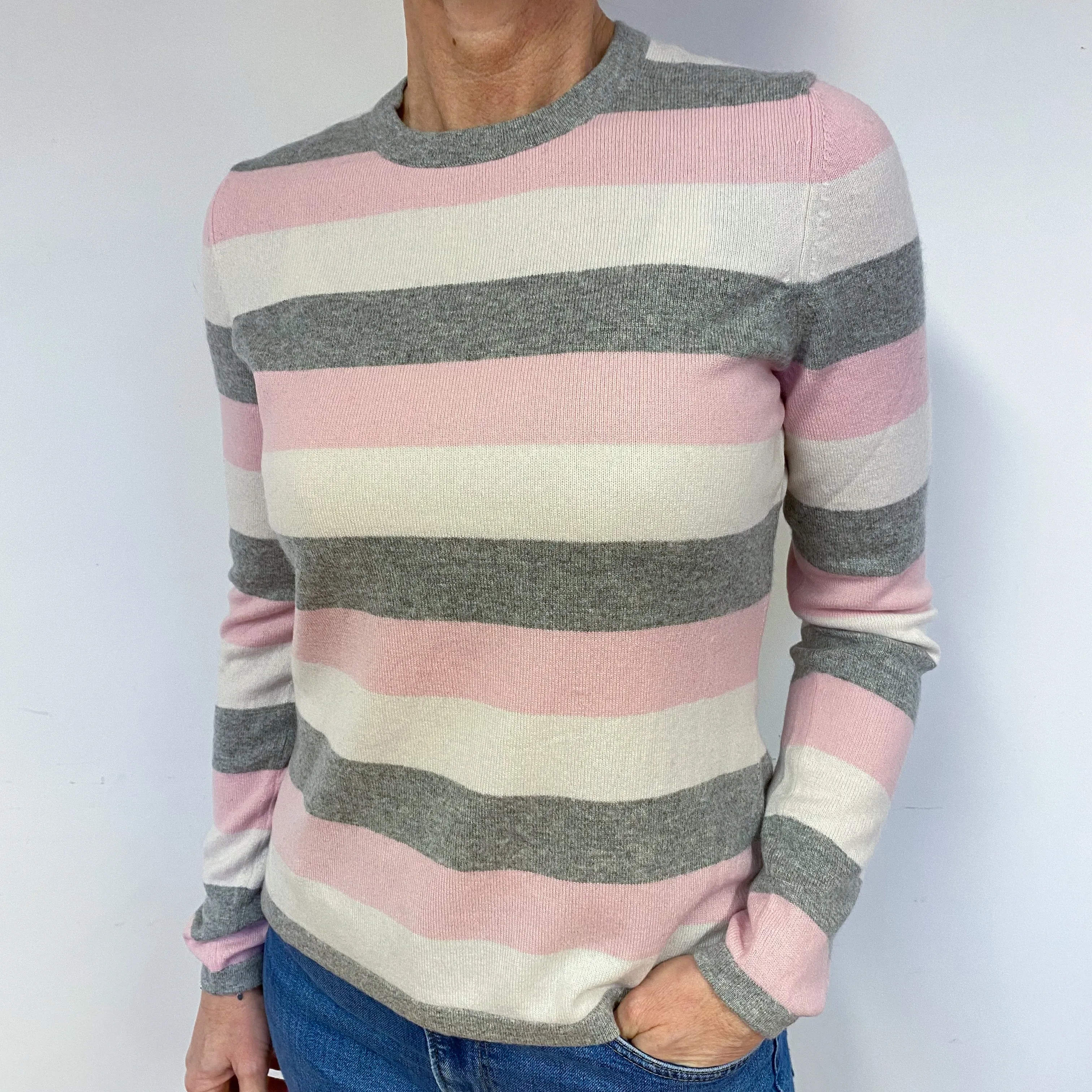 Pink and Grey Stripe Cashmere Crew Neck Jumper Medium