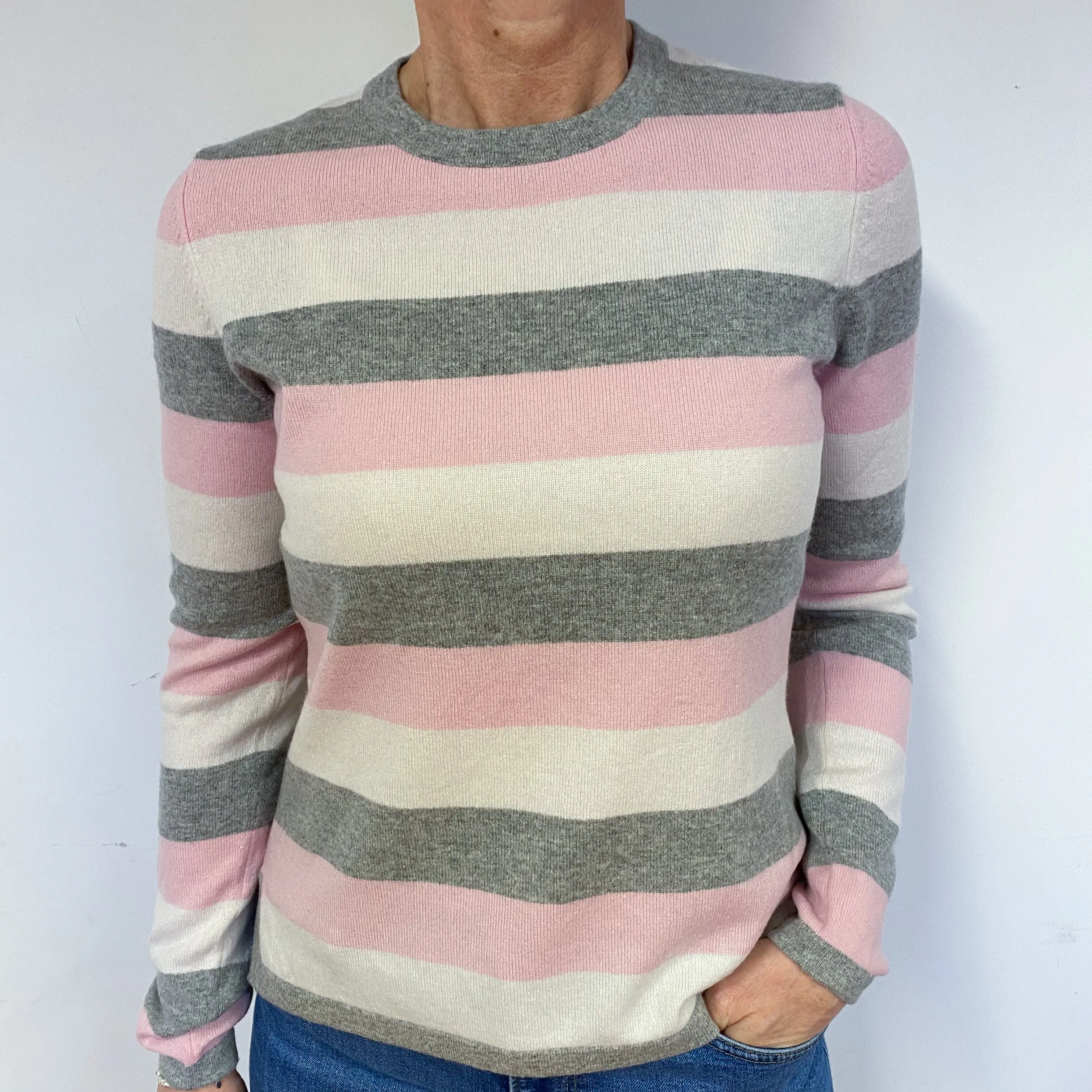 Pink and Grey Stripe Cashmere Crew Neck Jumper Medium