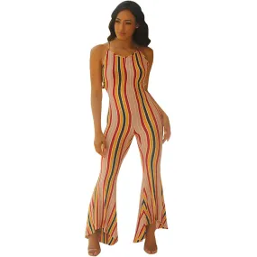Printed Stripe Straps Jumpsuits With Flared Pants #Stripe #Printed #Straps