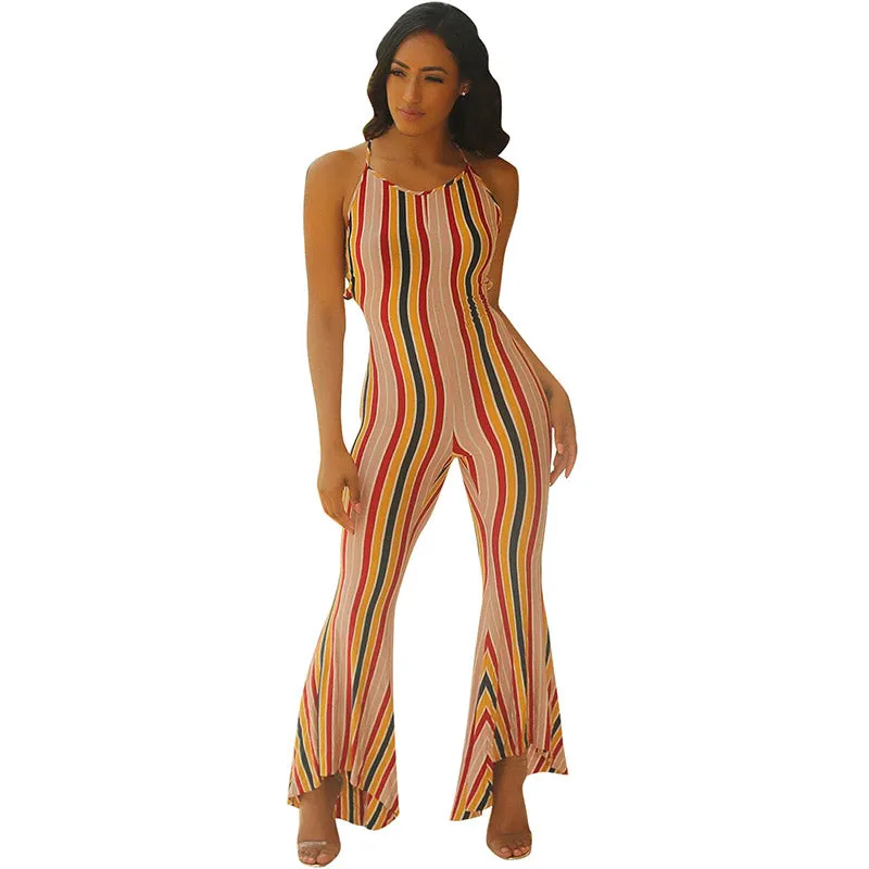 Printed Stripe Straps Jumpsuits With Flared Pants #Stripe #Printed #Straps
