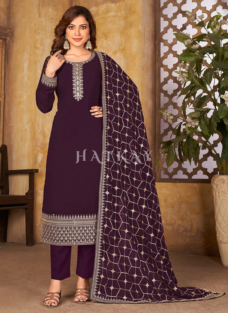 Purple Traditional Embroidered Pant Style Salwar Suit