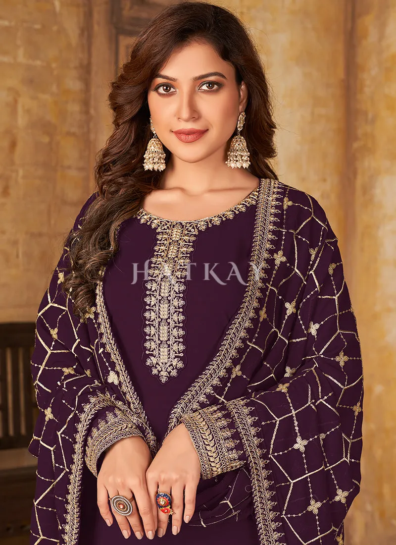 Purple Traditional Embroidered Pant Style Salwar Suit