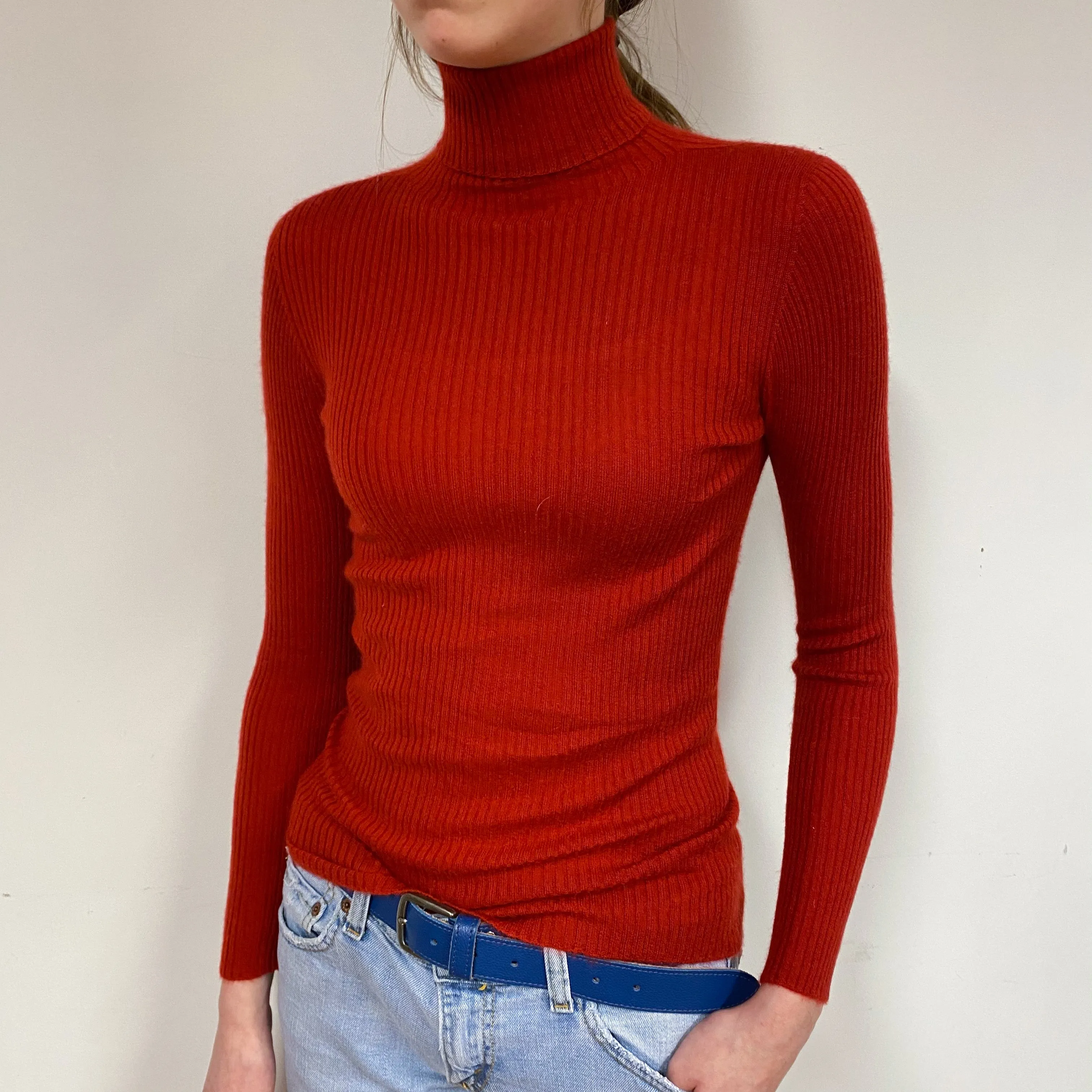 Red Skinny Ribbed Cashmere Polo Neck Jumper Extra Small