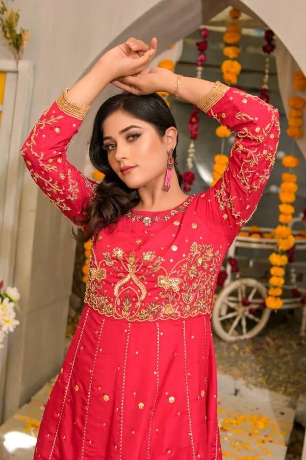 Rubys Couture - Hot Pink Silk Embroidered Anarkali with Raw Silk Pants  - Pari
