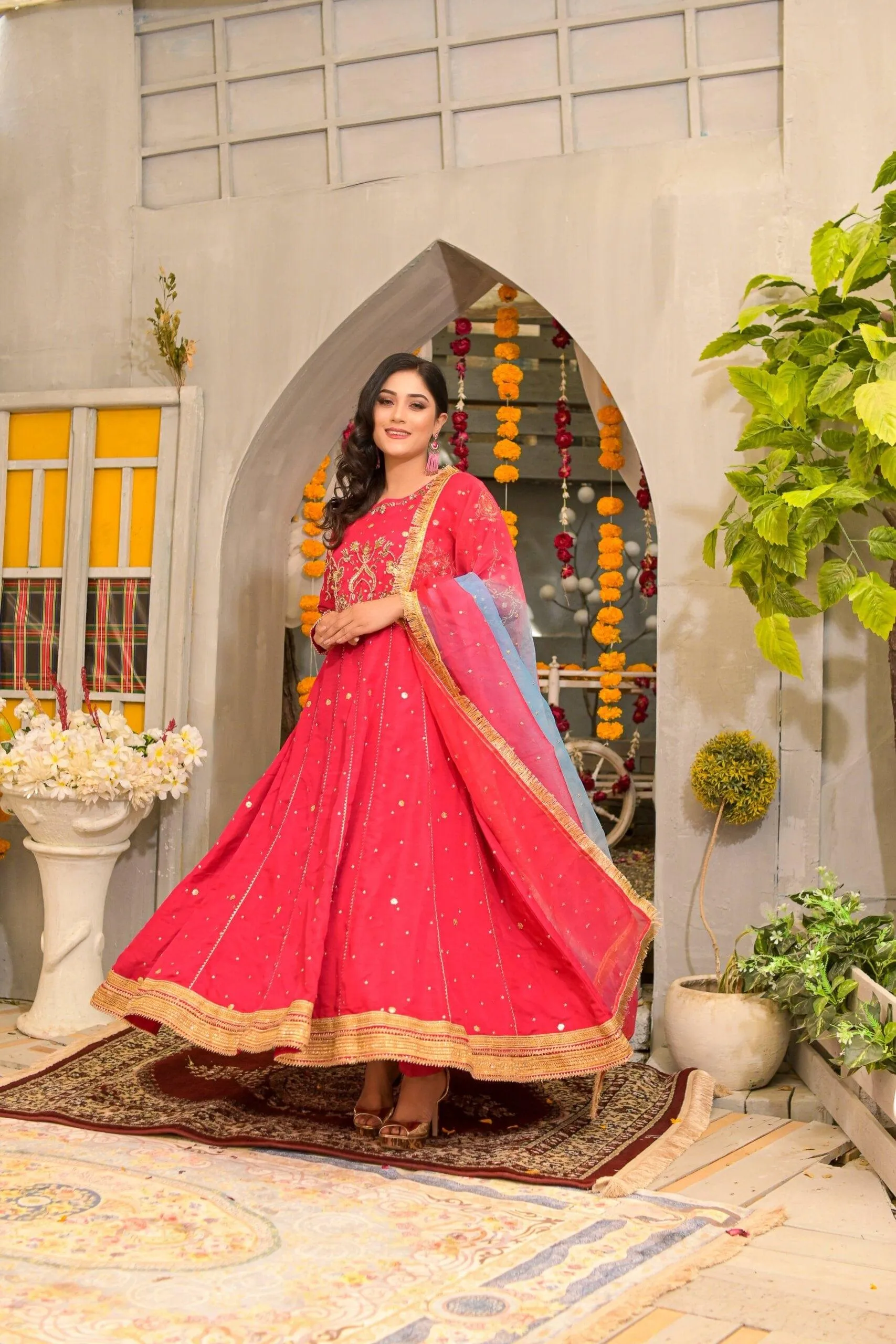 Rubys Couture - Hot Pink Silk Embroidered Anarkali with Raw Silk Pants  - Pari