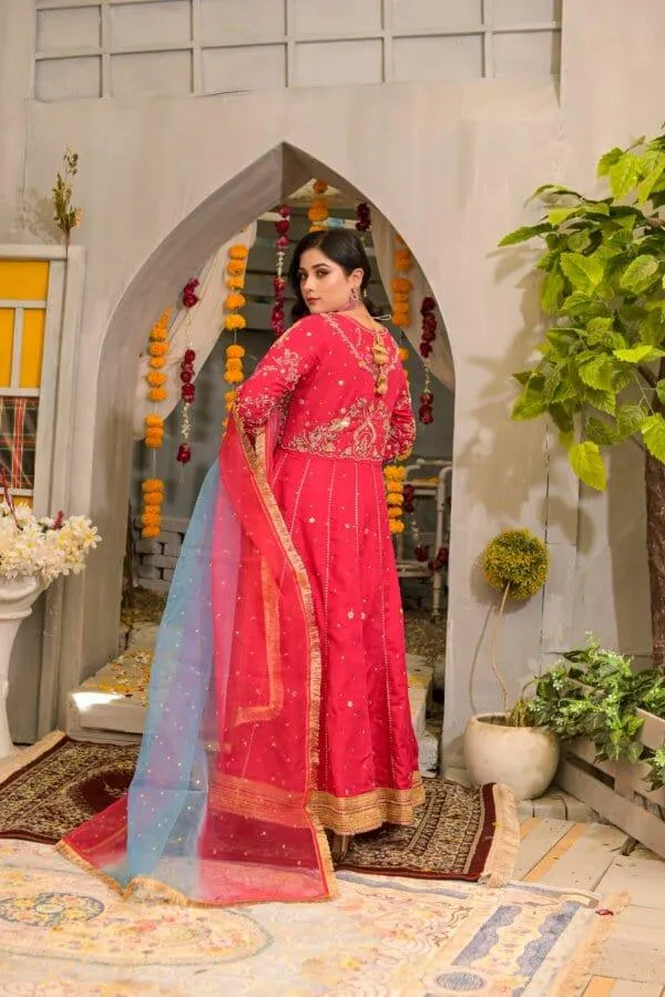 Rubys Couture - Hot Pink Silk Embroidered Anarkali with Raw Silk Pants  - Pari