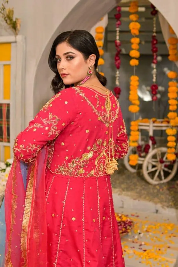 Rubys Couture - Hot Pink Silk Embroidered Anarkali with Raw Silk Pants  - Pari