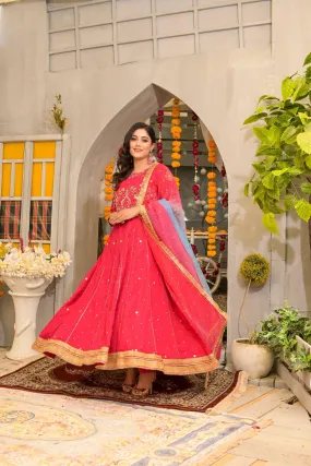 Rubys Couture - Hot Pink Silk Embroidered Anarkali with Raw Silk Pants  - Pari