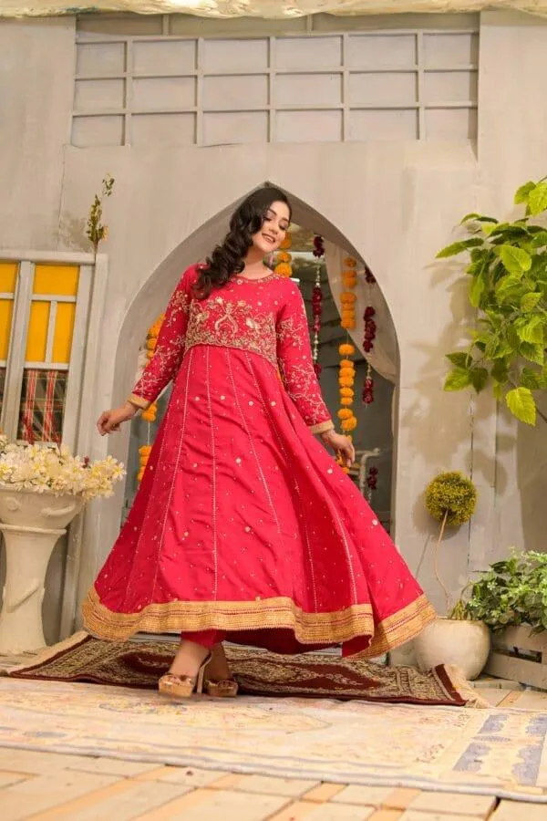Rubys Couture - Hot Pink Silk Embroidered Anarkali with Raw Silk Pants  - Pari